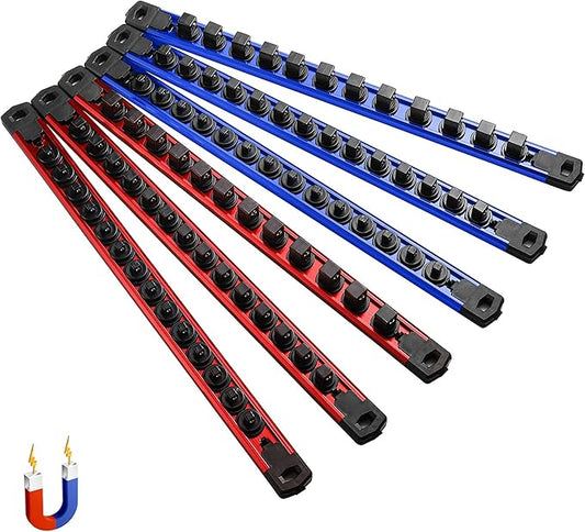 ALOANES 6-Piece Magnetic Socket Organizer, Heavy Duty Aluminum Socket Rails Organizer, 360째 Swivel Clips Socket Holder Kit for Tool Box, 1/2, 3/8, 1/4-Inch Socket Holder x 80 Clips (Red&Blue)