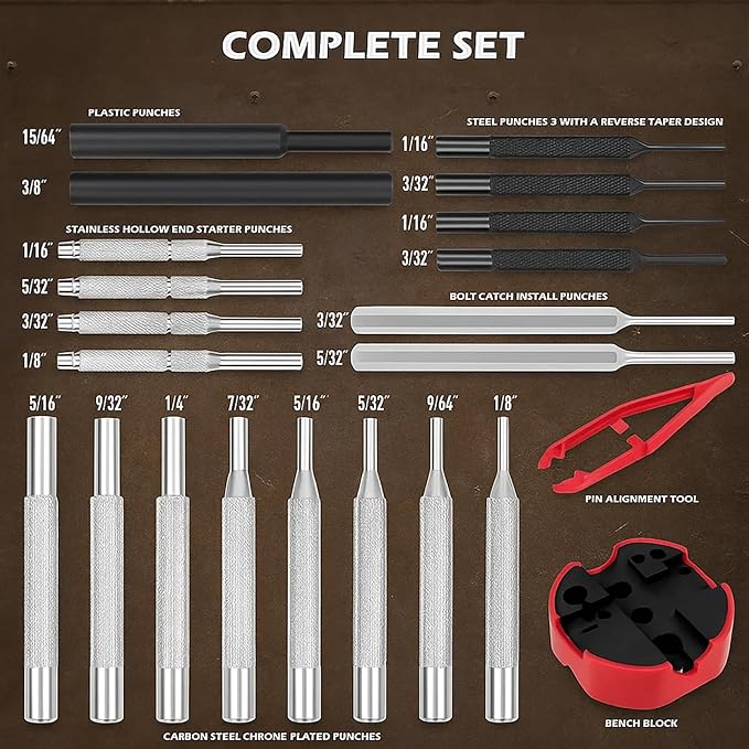 Premium Pin Punch Hammer Set: 25-Piece Punch Set and Hammer with Bench Block, Steel Roll Pin Punch Set, Pin Punches with Replaceable Face Hammer, Mechanical Repair Tool for Maintenance