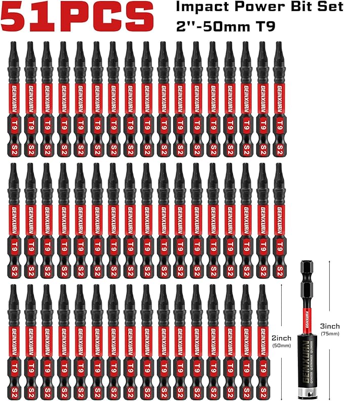 51 Pieces T9 Impact Tough Magnetic Screwdriver Bit Set, 2 In. #9 Torx Head Power Bit Set, S2 Alloy Steel T9 Star Bit with 1Pc Impact Bit Holder