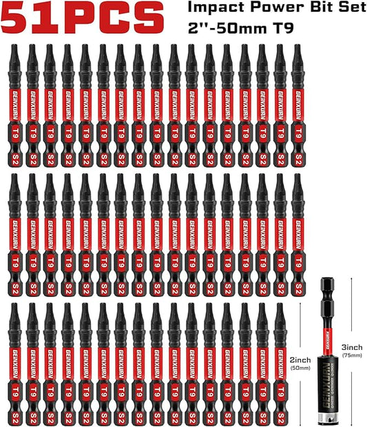 51 Pieces T9 Impact Tough Magnetic Screwdriver Bit Set, 2 In. #9 Torx Head Power Bit Set, S2 Alloy Steel T9 Star Bit with 1Pc Impact Bit Holder