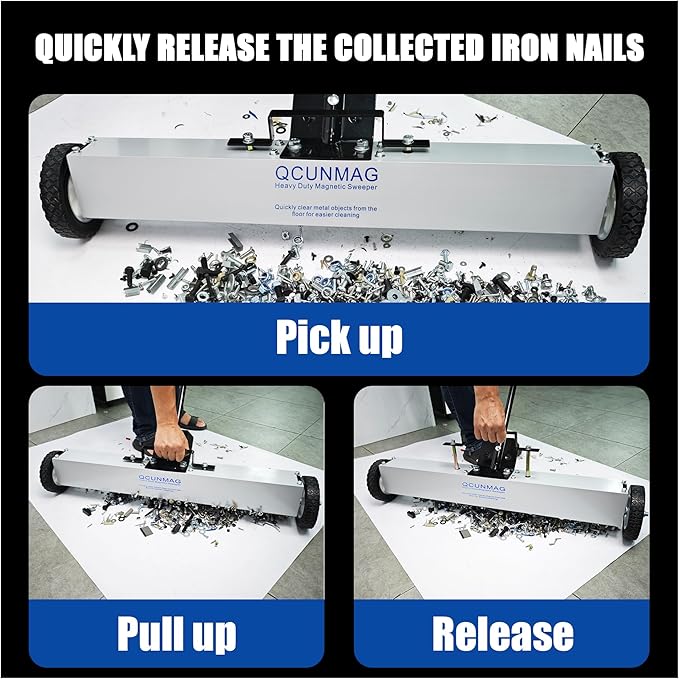 Rolling Magnetic Sweeper with Wheels, 55 Lbs 36-inch Large Magnet Pickup Lawn Sweeper with Telescoping Handle, Push-Type Magnetic Pick Up Sweeper, Easy Cleanup of Workshop Yard Garage