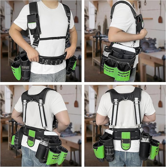 Tool Belt with Suspenders for Men, Heavy Duty Construction Tool Belt with 32 Pockets, 1680D Material, Reflective Strips for Safety, HVAC Toolbelt for Men