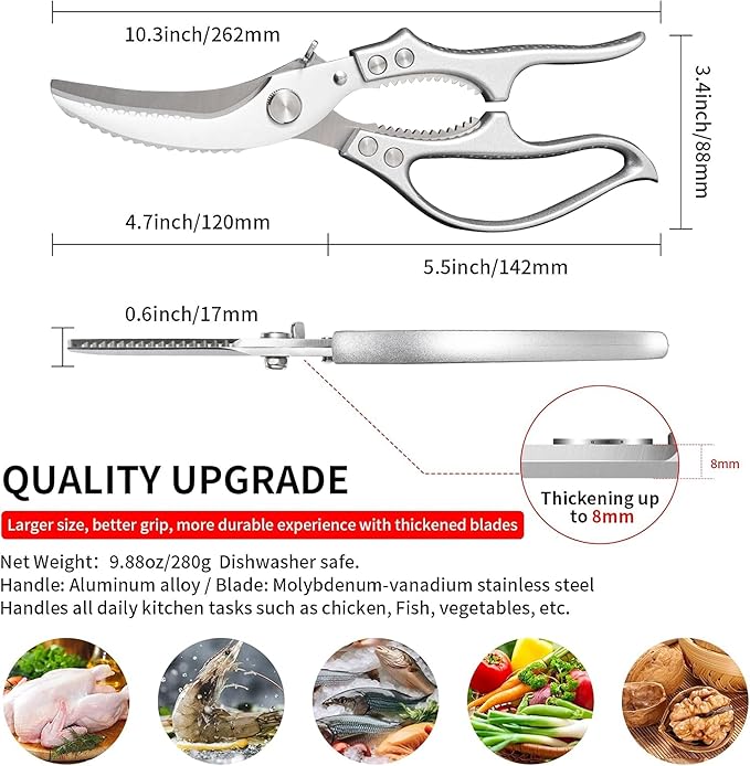 Heavy Duty Kitchen Scissors - All Purpose Poultry Shears with Anti-Slip Handle & Safety Lock, Stainless Steel Food Scissors for Chicken, Meat, Bones, Vegetables.Dishwasher Safe & Spring Loaded