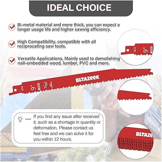 Bi-Metal Reciprocating Saw Blades 9 Inch 6/12 TPI, Durable Wood for Pruning, Auto Dismantling, and Woodworking, Premium Carbide Tipped Sawzall Blades, 25 Pack