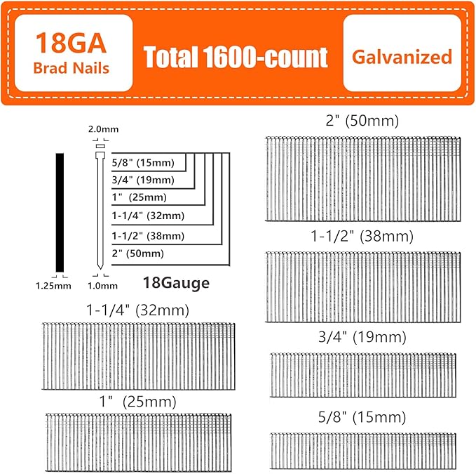 18 Gauge Galvanized Brad Nails Brown T-head 6 Sizes 1600-Pack (5/8"+3/4"+1"+1-1/4"+1-1/2"+2"), Assorted Size Project Pack, for Pneumatic, Electric 18GA Brad Nailer Gun