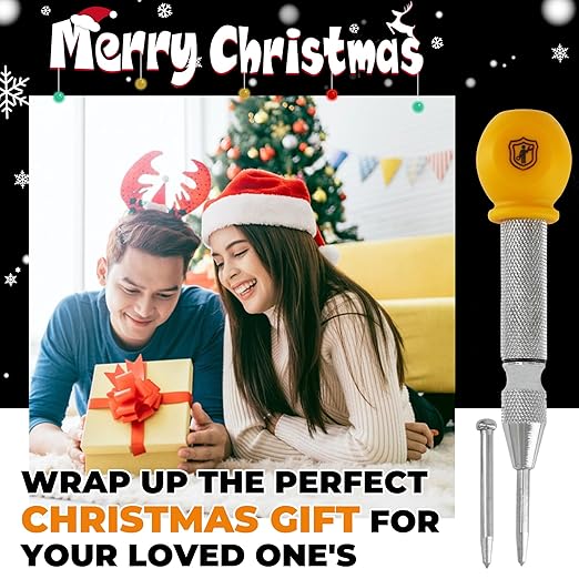 MulWark 5" Spring-Loaded Automatic Steel Center Hole Punch Marker Scriber for Wood, Metal, Plastic, Car Window Puncher Breaker Tool-with Palm Cushion Cap, Adjustable Impact-A Replacement Tip Included