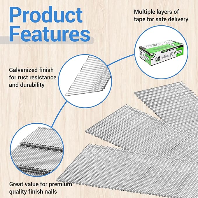 meite 15 Gauge 34 Degree Angled Finish Nails 1-1/2-Inch Galvanized Finishing Nails for Nail Gun, DA Series Glue-collated Nail for Window Trimming/Cabinet, 16,000PCS