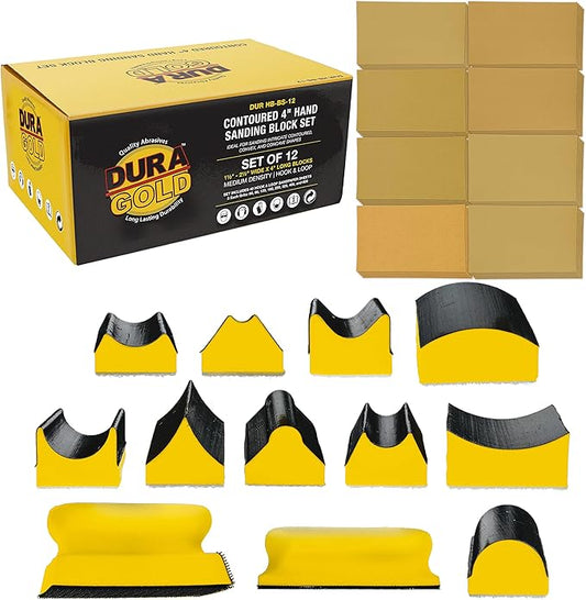 Dura-Gold 12-Piece Contoured Profile 4" Hand Sanding Block Set with 40 Sheet Hook & Loop Sandpaper Kit - Interchangeable Assorted Convex & Concave Shapes - Sand Wood Woodworking Furniture, Auto Paint
