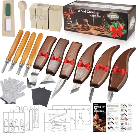 Wood Carving Kit for Beginners ??25pcs Whittling Knife Kit Wood Carving Tools with PU Leather Storage Bag, 10 Carving Knives, 6 Templates & Basswood for DIY Crafts