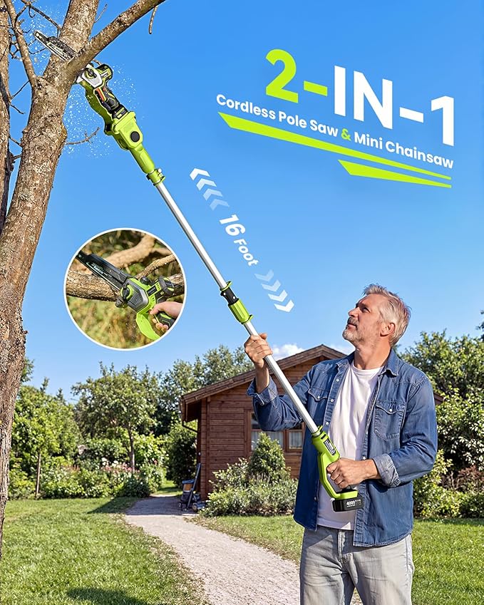 10 Inch Electric Pole Saws for Tree Trimming, 1000W Brushless Pole Saw and Mini Chainsaw 2 in 1, 2 * 4000mAh Battery, Lightweight Tree Saw with Extension Pole, 16Ft Max Reach, Gift for Men Women