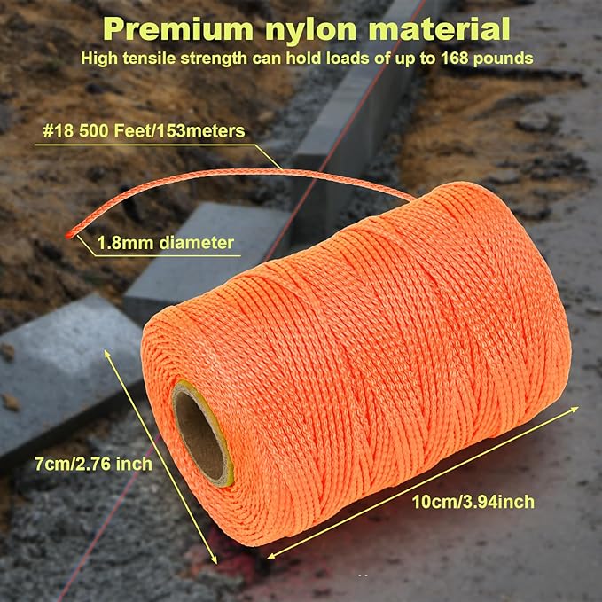 3 Roll Mason Line String Line - #18 Braided Nylon String - 500 Ft Length - Nylon with Reloadable Line Reel Twine for Gardening Or Masonry Tools - Perfect Construction String (Orange)