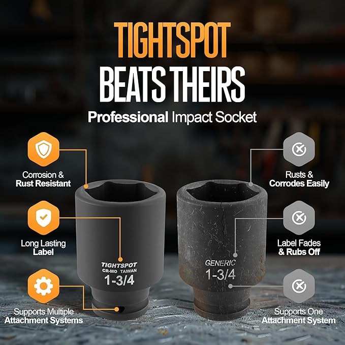 TIGHTSPOT 3/4" Drive 1-3/4 Inch SAE Deep Impact Socket Heavy Duty CR-MO Jumbo Socket 6 Point Automotive Truck and Heavy Equipment Repair