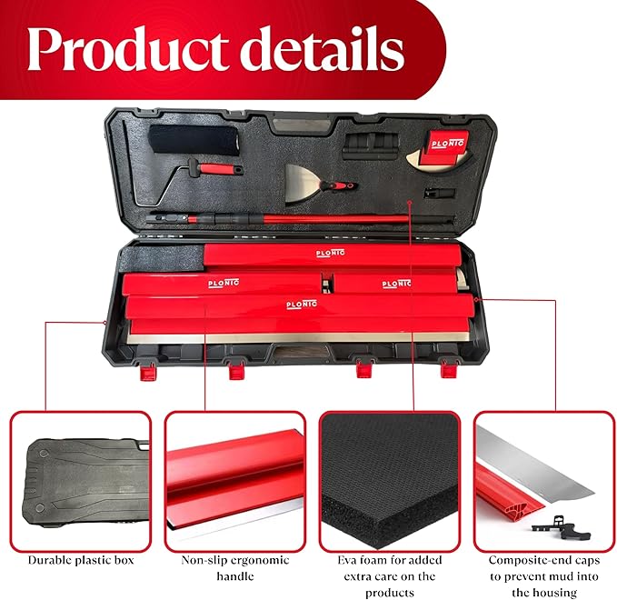 Drywall Skimming Blade Set with Portable Case, Stainless Steel 10", 14", 24", 32" & 40" Skimming Blades with 40"-84" Extension Handle, Drywall Finishing Tools