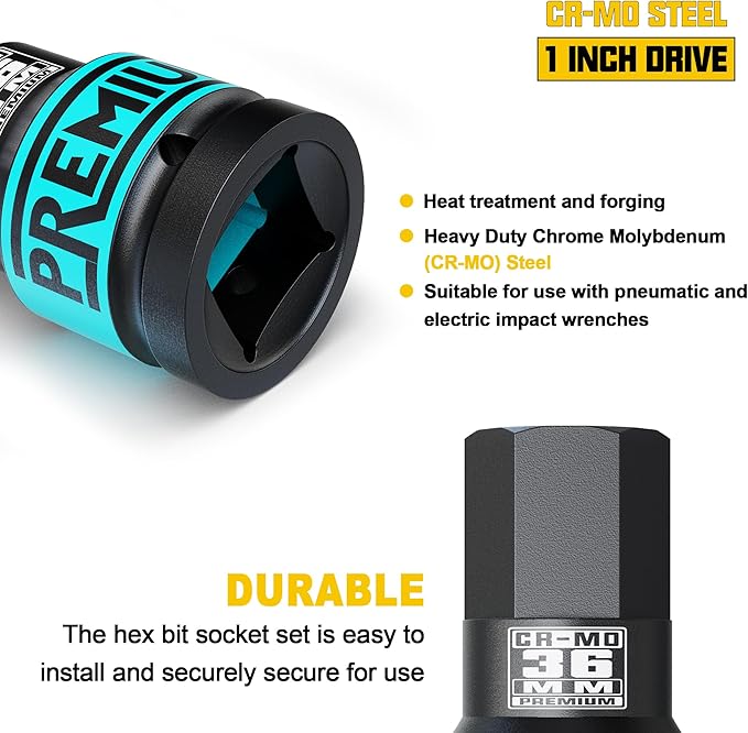 1" Drive H36 Impact Hex Bit Socket, 36 mm Allen Bit Socket, Metric, Cr-Mo Steel, Truck Repair and Equipment Maintenance