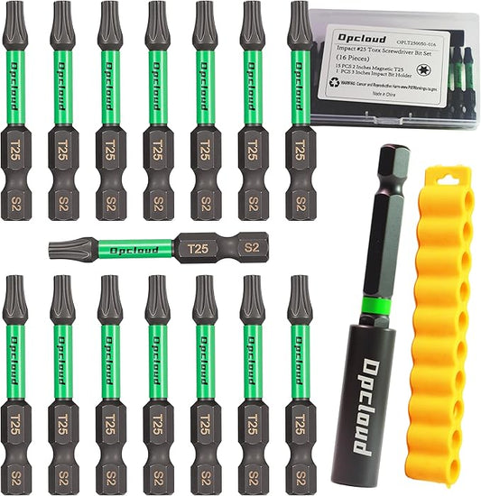 T25 Impact Screwdriver Bit Set, 16 Pieces 2?쒾2 Steel Magnetic Security #25 Torx Tips Driver Power Bit Set with Extension Impact Bit Holder