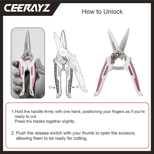 8" Scissors All Purpose, Heavy Duty, Multipurpose, for DIY Projects, Office, Production Lines, Pruning, with Protective Sheath and Magnetic Holder (White/Pink)