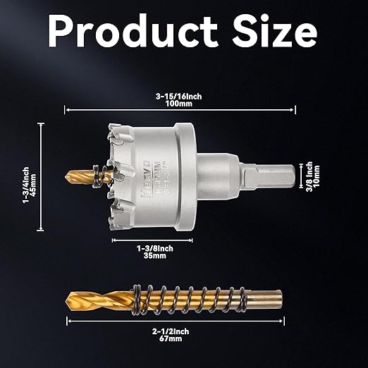 Hole Saw 1-3/4" (45mm) Heavy Duty Carbide with 2 Pilot Drill Bits - Metal Hole Cutter Cuts Stainless Steel, Iron, Copper, Brass, Plastic