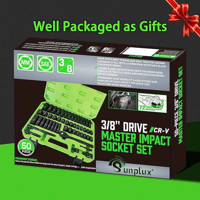 3/8" Drive Socket Set 50-Piece, SAE (5/16-3/4") & Metric (8-22mm), Deep & Shallow Impact Socket Set with Case, 6 Points, Premium CR-V, Extension Bars, Universal Joint & Power Drill, Gift for Men
