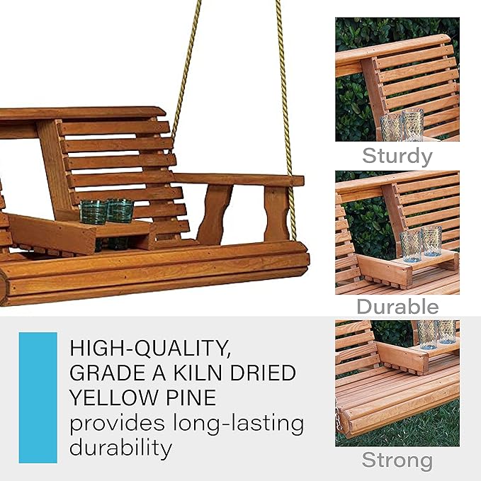 Porchgate Amish Heavy Duty 800 Lb Rollback Console Treated Porch Swing with Hanging Ropes (Cedar Stain)