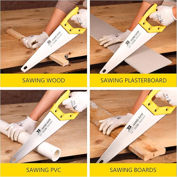 14 in. Pro Hand Saw, 11 TPI Fine-Cut Soft-Grip Hardpoint Handsaw Perfect for Sawing, Trimming, Gardening, Cutting Wood, Drywall, Plastic Pipes, Sharp Blade, Ergonomic Non-Slip Handle