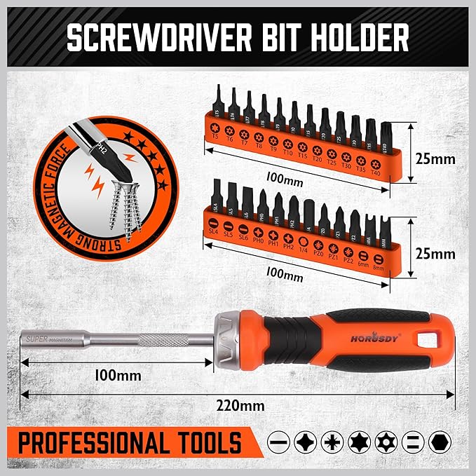 HORUSDY 25-Piece Security Torx Screwdriver Bit Set | T5-T40 Torx Bit Set 1/4 inch Ratcheting Magnetic Bit Driver | 12Pcs T-Drive Bits and 12Pcs Common Bit