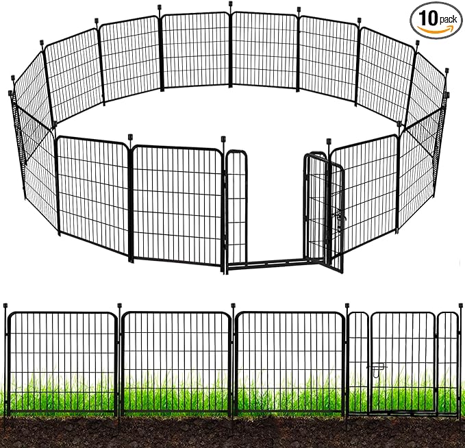 ADAVIN Tall Garden Fence 54 in(H)횞22.1 Ft(L),10 Panels Dog Fence Outdoor for Yard, Heavy Duty Iron Metal Fence with Gate Low Threshold, No Dig Fences Panels, Animal Barrier Fences, Black