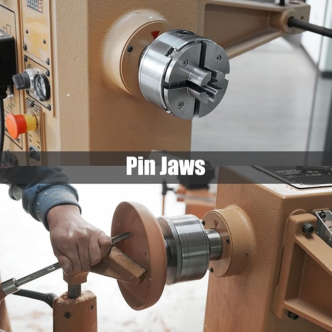 4.5" Woodlathe Chuck, Thread 1-1/4"x8TPI", Dovetail Jaws, Pin Jaws, 8" Flat Jaws, Step Jaws, Wide Jaws, Wood Screw, Thread adaptor to 1"x8TPI, Two Nylon Washers, Two Chuck Keys and T Handle Allen Key.
