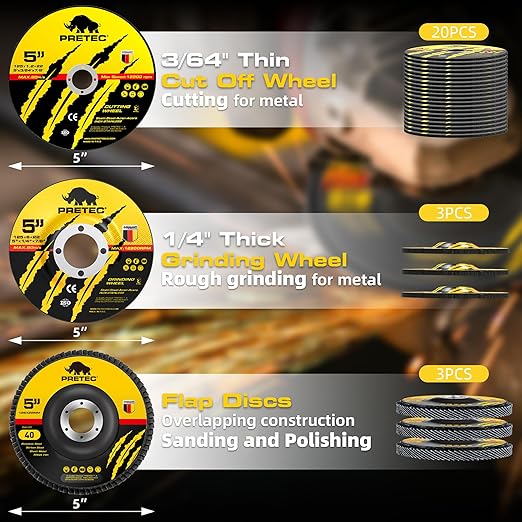 Grinding Cutting Wheels 5 inch Set - PRETEC 5" 20 Cut Off Wheels, 3 Grinding Wheels, and 3 Flap Discs for Angle Grinder Cutting and Grinding 5??x 3/64" x 7/8", 20+3+3 PCS, Brown