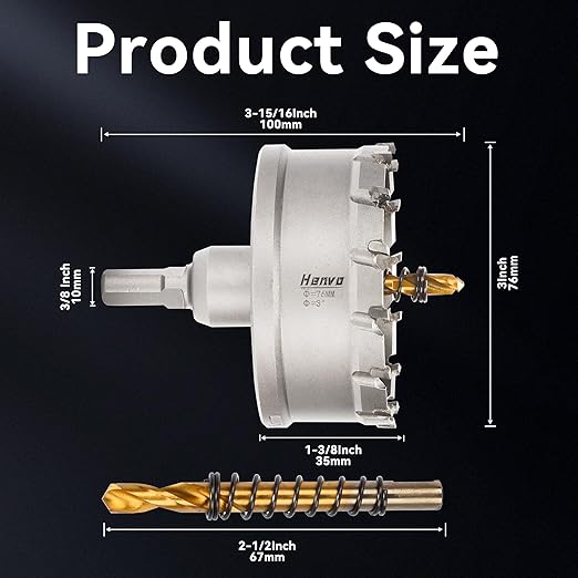 Hole Saw 3" (76mm) Heavy Duty Carbide with 2 Pilot Drill Bits - Metal Hole Cutter Cuts Stainless Steel, Iron, Copper, Brass, Plastic
