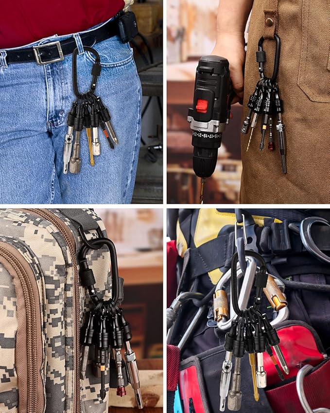 katerk 6pcs Bit Holder with Carabiner Socket for Mens Gift, 1/4 inch Hex Shank Aluminum Alloy Screwdriver Bit Holders, Quick Release Easy Change Impact Driver Drill Bit Keychain Extension (Black)