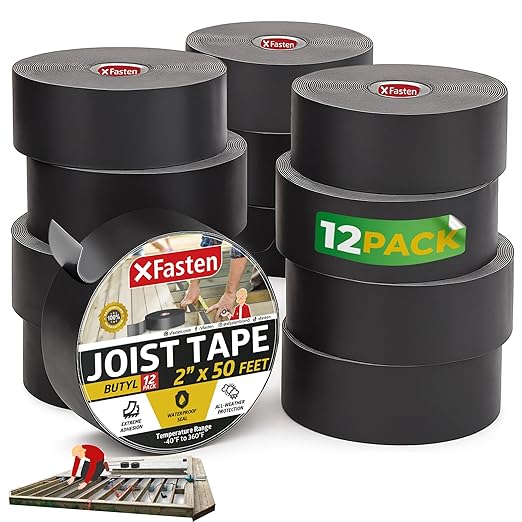 XFasten Butyl Joist Tape for Decking, 2 Inch x 50 Feet (12-Pack, 600ft) ??Waterproof and Anti-Corrosion Deck Flashing Tape for Joists, Weatherproof Butyl Sealant for Deck Protection and Longevity