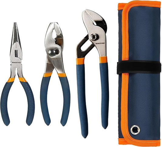 MANUFORE 3-Piece Pliers Set, 6 Inch Long Nose,6 Inch Slip Joint, 8 Inch Water Pump Pliers, Multi-Purpose Hand Tools for DIY and Home Use