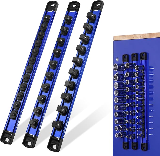 WORKPRO Magnetic Socket Organizer Set, 1/2" 3/8" 1/4" Drive Aluminum Alloy Socket Holder with Removable Socket Clip for Quick Customization, 3PC Socket Rail for Tool Box Drawer (Sockets Excluded)
