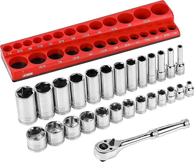 ARES 47007-28-Piece 3/8-inch Drive SAE Socket and 90-Tooth Ratchet Set with Magnetic Organizer - Sizes 1/4-Inch to 1-Inch Shallow and Deep Sockets