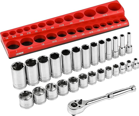 ARES 47007-28-Piece 3/8-inch Drive SAE Socket and 90-Tooth Ratchet Set with Magnetic Organizer - Sizes 1/4-Inch to 1-Inch Shallow and Deep Sockets