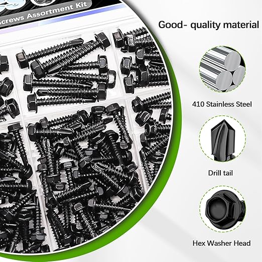 mxuteuk 165PCS #8#10 Self Tapping Screws,410 Stainless Steel Self Drilling Screws,Black Zinc Plated Hex Washer Head Sheet Metal Screws Suitable for Wood, Metal or Tough Materials