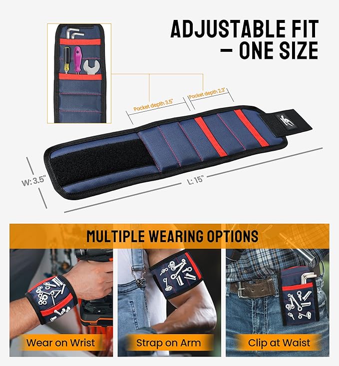 HiRui Magnetic Wristband for Tools ??Ultra-Strong 15 Neodymium Magnets Hold Screws, Nails & Bits, Dual Pockets ??Hands?멑ree for DIY, Home Repairs, Auto ??Gift?멢eady for Dad, Husband, Grandpa (Blue)