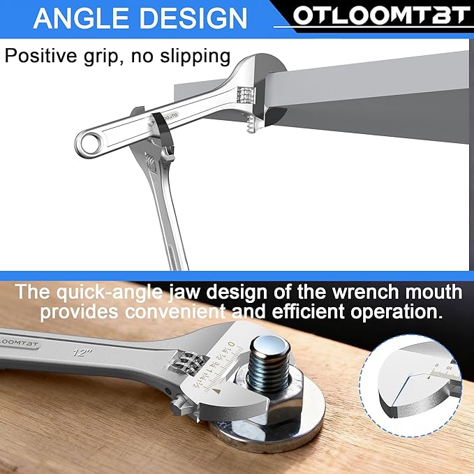 OTLOOMTBT 4-Piece Adjustable Wrench Sets (6, 8, 10, 12 Inch) with Industrial Grade Heavy Duty Design and Wide Opening Capacity. Forged from Chrome Vanadium Steel for Extreme Durability, Chrome Plating