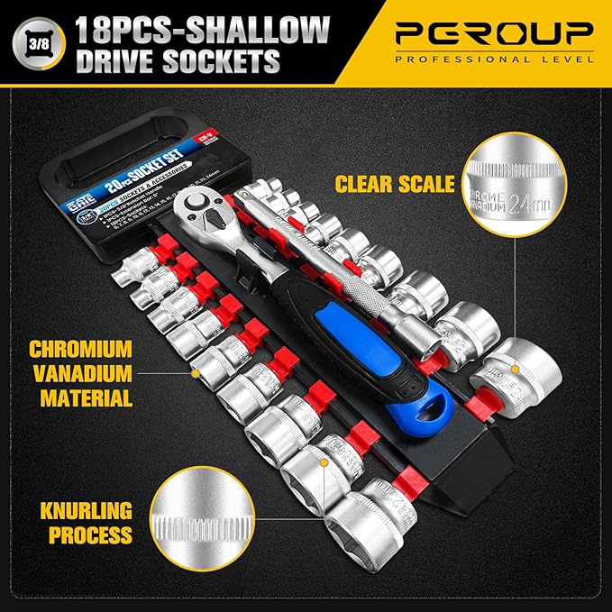 20PCS 3/8" Drive Metric Socket Wrench Set, 90-Tooth Reversible Ratchet Handle竊? Point Shallow Sockets (6-24mm) and Extension Bar 6", CR-V Steel, Tool Set For Car,Motorcycle,Bike Repair