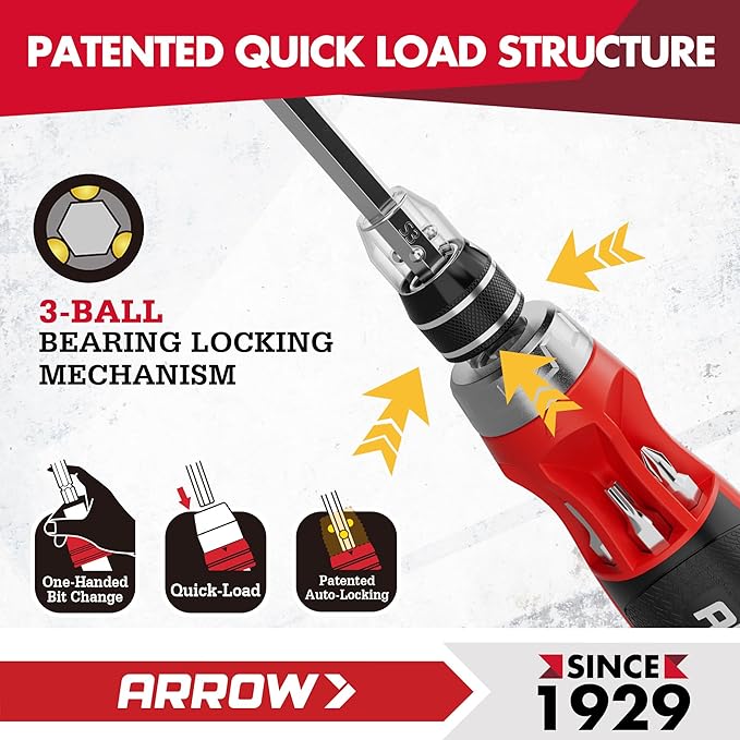 ARROW Ratcheting Screwdriver, 12-IN-1 Multi Bit Ratchet Screwdriver set, Premium S2 Steel Screw Drivers, Innovated Bits Quick-Load Mechanism, with Phillips, Slotted, Torx, Square Bits Stored in Handle