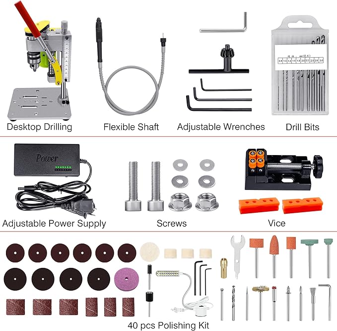 Mini Drill Press, Benchtop Drill Press, Portable Electric Drilling Machine, with Rotary Tool Flex Shaft Attachment, B10 Chuck, Drill Bit and Clamp for Metal Wooden Jewelry DIY