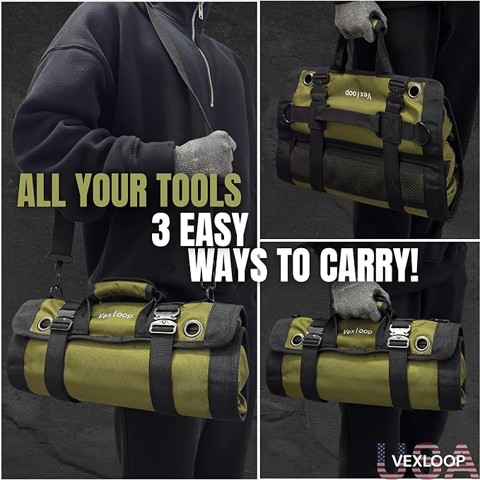 Tool Roll Bag Organizer Aluminium Buckle Heavy Duty | 1680D Oxford Mechanic Wrench Pouch for Truck & Car | Overland Gear Storage for Truck & Jeep | Roll Up Tool Bag Organizer (Green color)