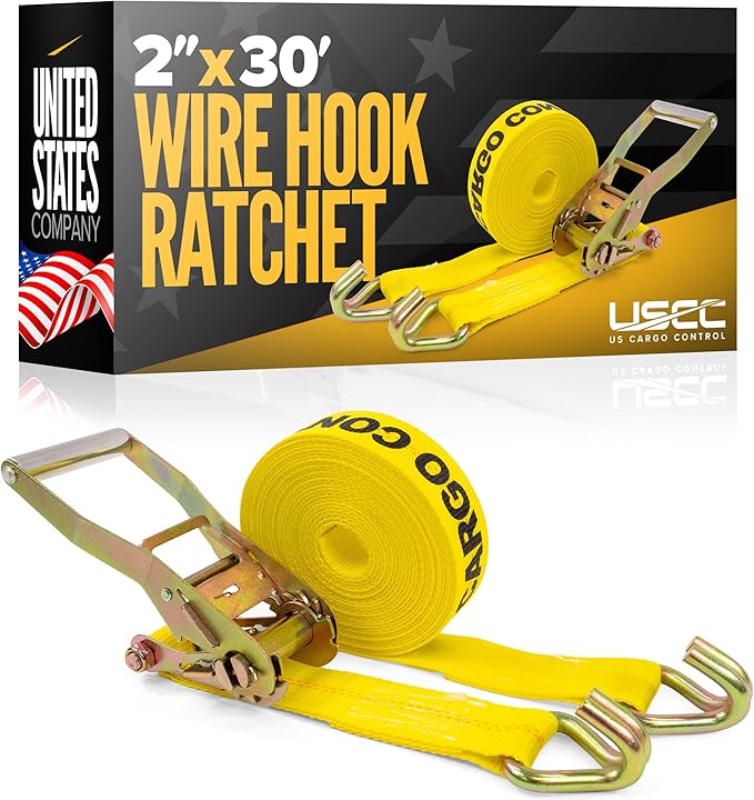 US Cargo Control Wire Hook Ratchet Strap 2 Inch x 30 Foot, 10,000 LBS Break Strength, Ratchet Straps Heavy Duty with Double J Hooks, Cargo Tie Downs for Flatbed Trailers and Trucks
