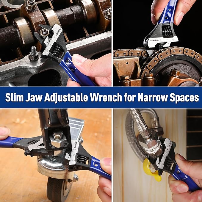 WORKPRO 4-Inch Thin Jaws Stubby Wide Opening Adjustable Wrench, Small Adjustable Wrench with 2mm Slim Jaws for Easy Access to Tight Spaces, Metric/SAE Scales, Cr-V Steel
