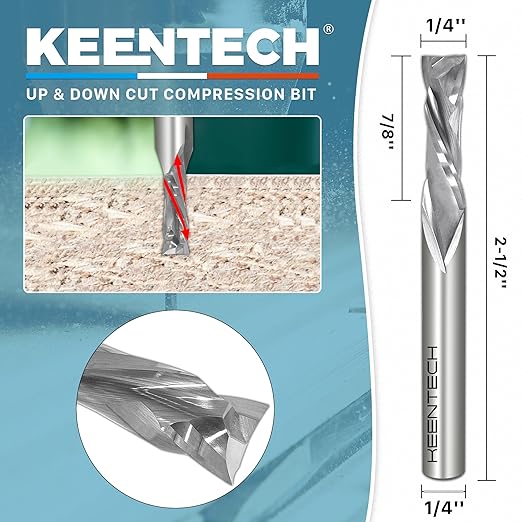 KEENTECH 1/4" Shank 2 Flute Flat Tip Compression Sprial Router Bit for CNC Router Machine, 1/4" Cutting Diameter, 7/8" Cutting Depth, for Wood Cutting, Custom Furniture, Slot Mortise, Engraving