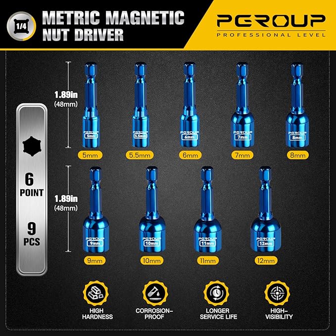 9 PCS Impact Magnetic Nut Driver Set, Metric (5mm - 12mm) Impact Driver Bit Set, 1/4 Inch Hex Shank Drill Socket Set, Nut Driver Set For Impact Drill