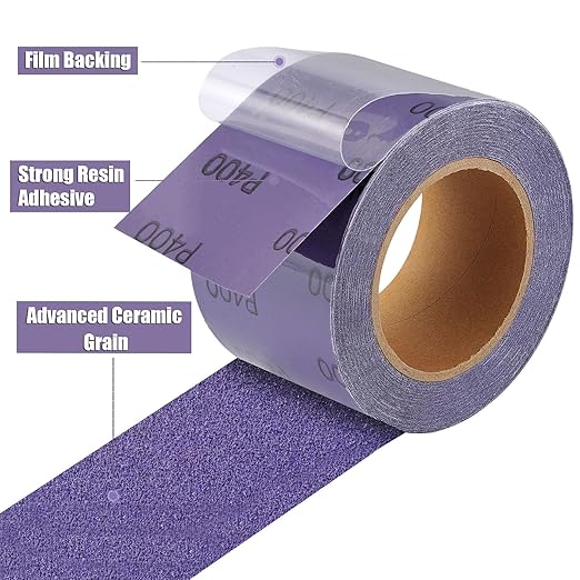 MAXMAN 400 Grit Sandpaper Roll, PSA Purple Film Ceramic Longboard Sand Paper, 2-3/4" Wide Continuous 20 Yard Long Continuous Roll, Self Adhesive Stickyback for Auto, Wood, Metal, Hand Sanding Blocks