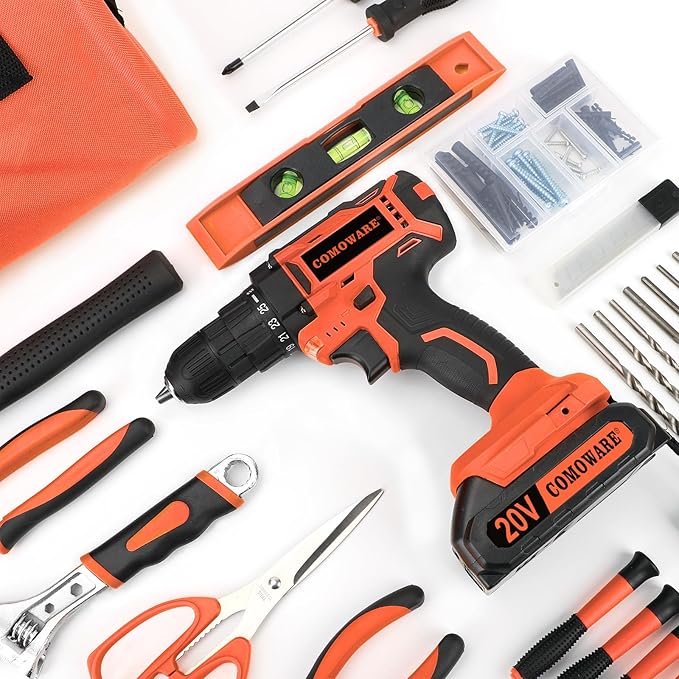 COMOWARE 20V Cordless Drill Set, 171Pcs Home Tool Set with Cordless Drill Driver, Complete Repair Tool Kit for Men, Storage Bag, Ideal for Office, Garden, DIY Project