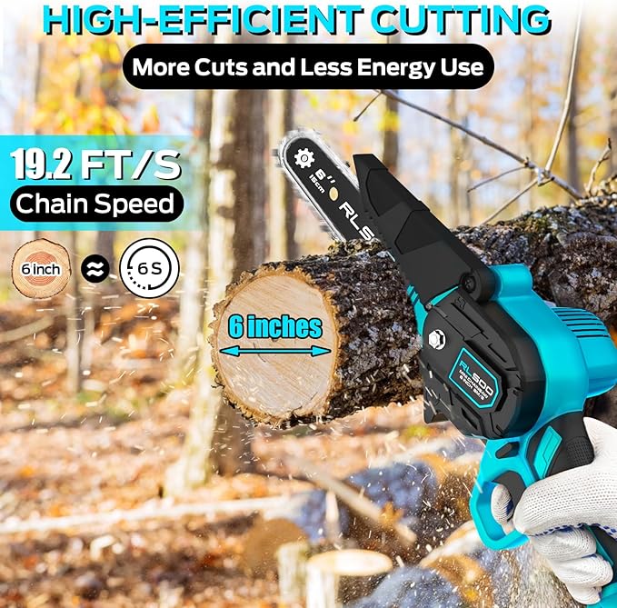 Mini Chainsaw Cordless, 6 Inch Battery Powered Electric Chain Saw, Portable Handheld Small Tree Trimmer for Wood Cutting, Courtyard, Household, and Garden (Includes 2 Batteries and 3 Chains)