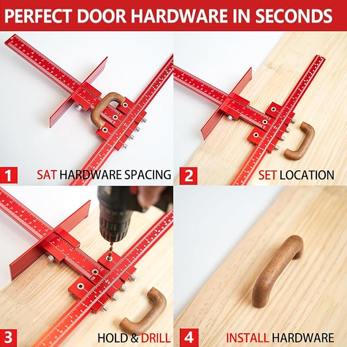 Cabinet Hardware Jig Punch Locator with Extended Ruler, Aluminum Alloy Cabinet Template Tool with Upgrade Box for Installation Handles Knob on Drawer Door Pulls (Red)